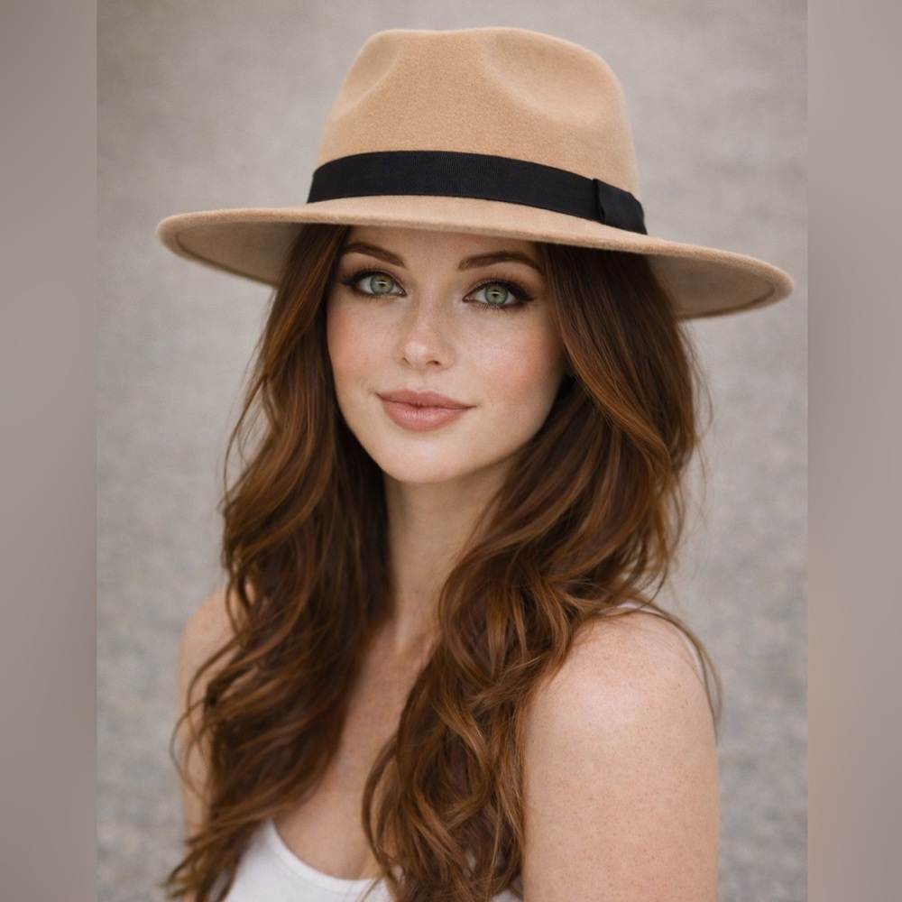Camel Timeless Women Classic Wide Brim Fedora Hat with Black Ribbon Band